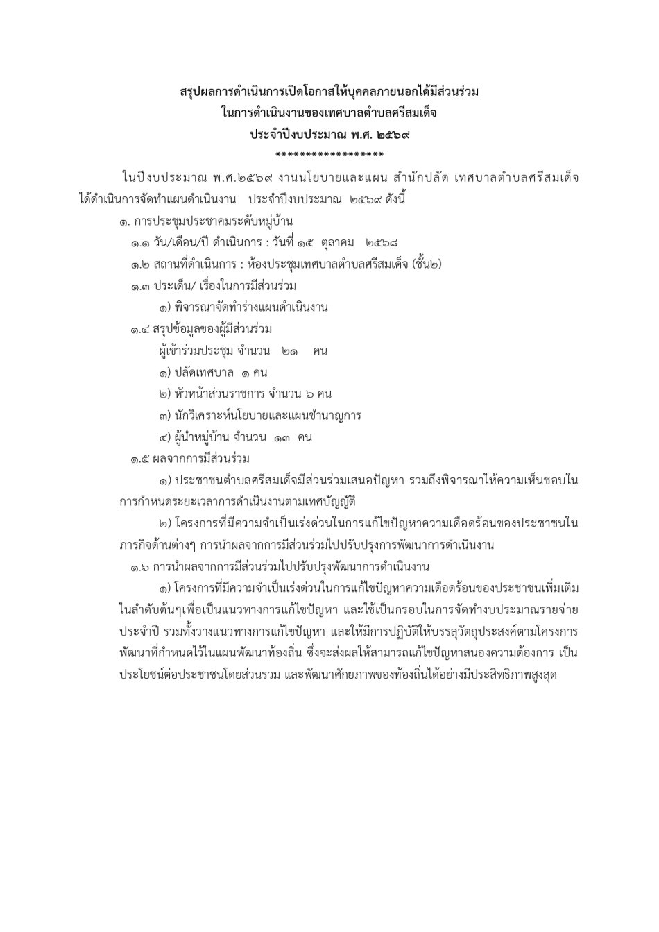 สรุปผลการดำเนินการเปิดโอกาสให้บุคคลภายนอกได้มีส่วนร่วม ในการดำเนินงานของเทศบาลตำบลศรีสมเด็จ ประจำปีงบประมาณ พ.ศ. 2569